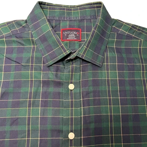 UNTUCKIT Mens Large Langon Green Navy Plaid Wrinkle Free Cotton Dress Shirt - Picture 1 of 6